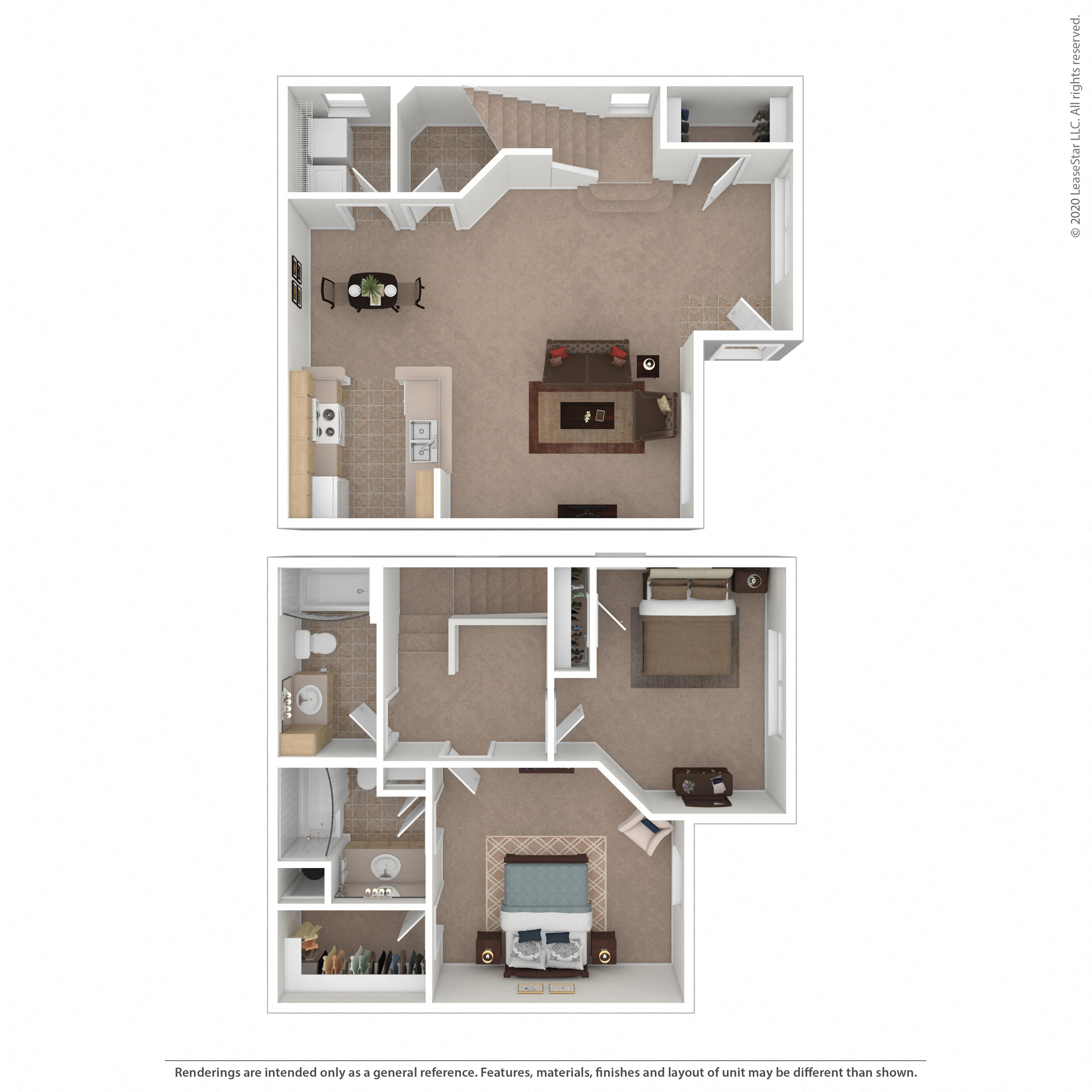 Floor plan for 2 beds, 2.5 baths, 1244 sqft